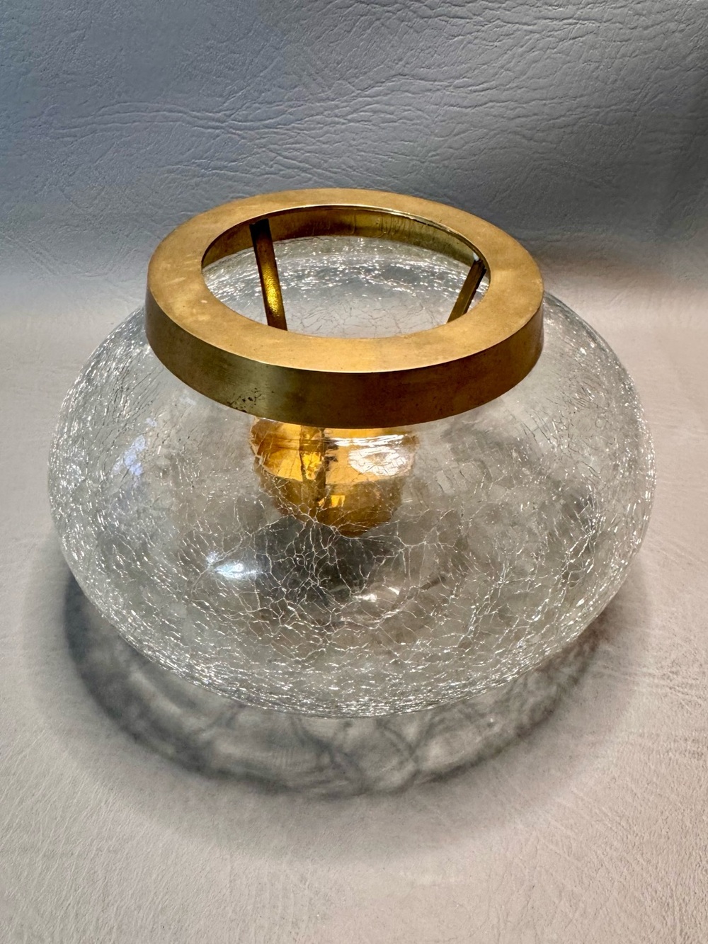 MCM Crackle Glass + Brass Candleholder ~Hand Blown~Low Round~Brass Insert Decor